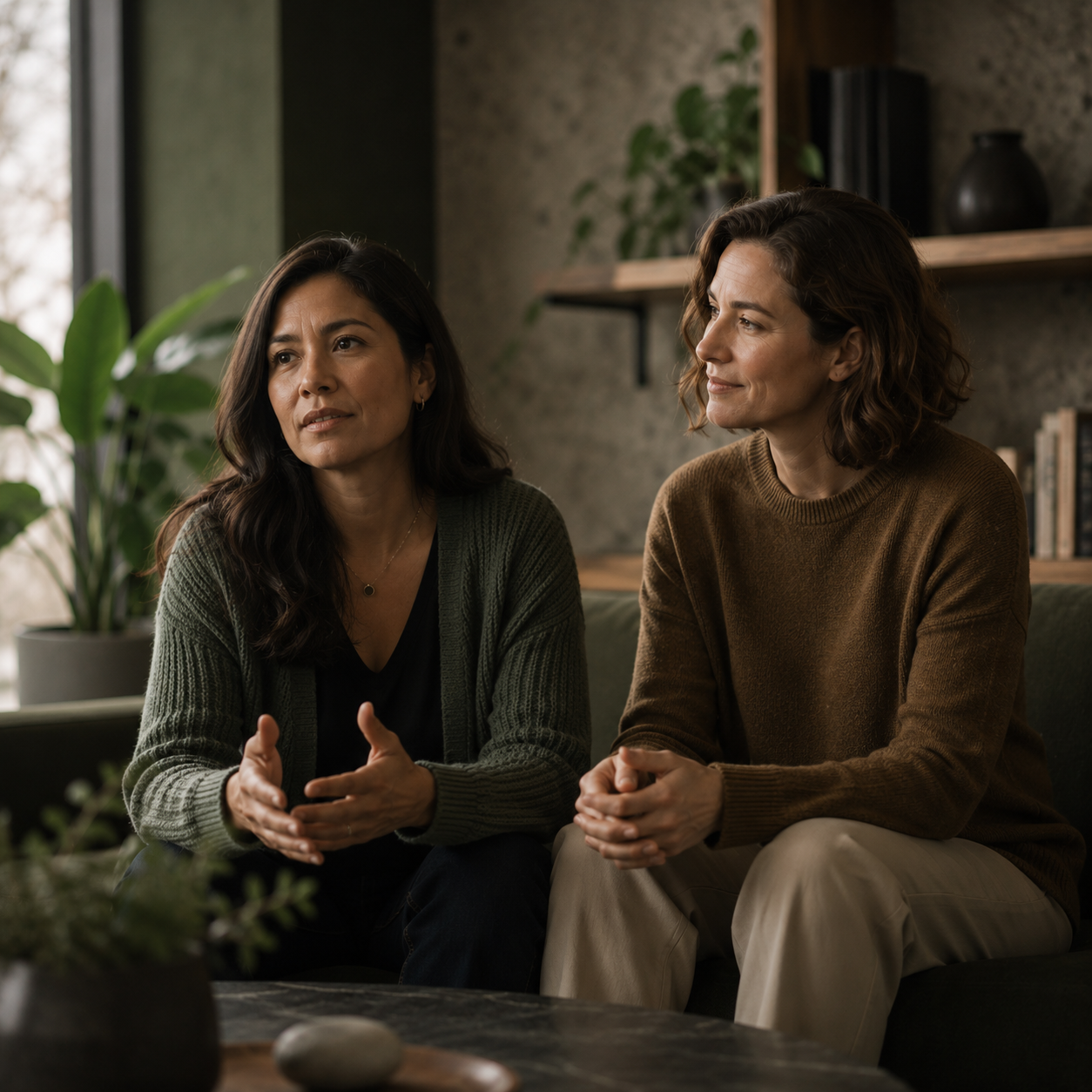 Pareja de mujeres en terapia escuchando y comunicándose de forma receptiva.
