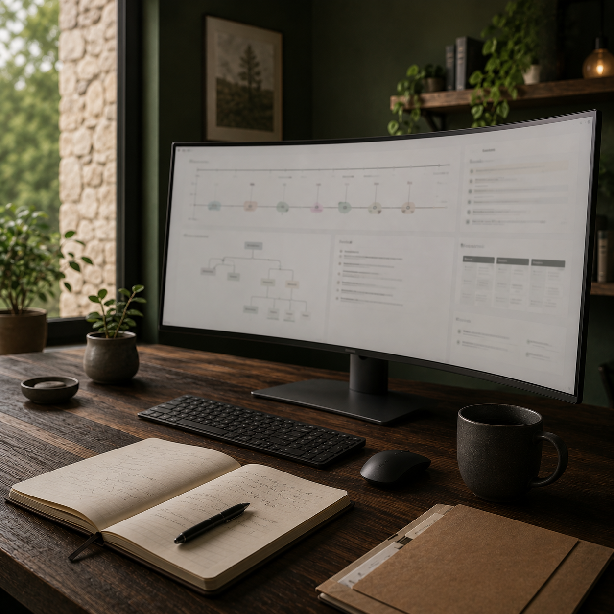 Mesa de trabajo clínico con pantalla curva, línea de vida y materiales de evaluación terapéutica.