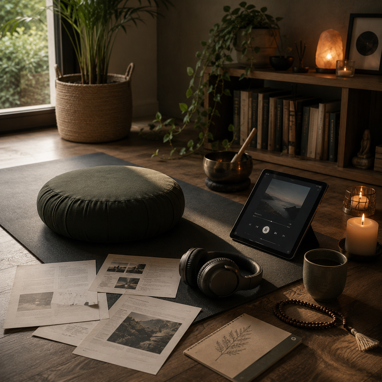 Rincón de meditación en casa con cojín, tablet, auriculares y materiales terapéuticos impresos.