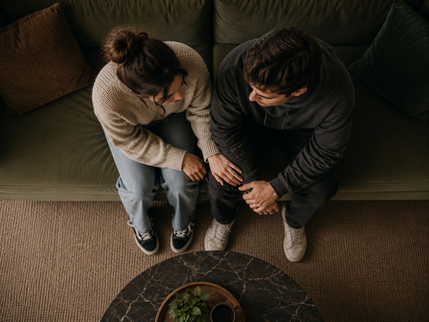 Pareja joven sentada en un sofá, vista desde arriba, con un gesto de acercamiento y vulnerabilidad.