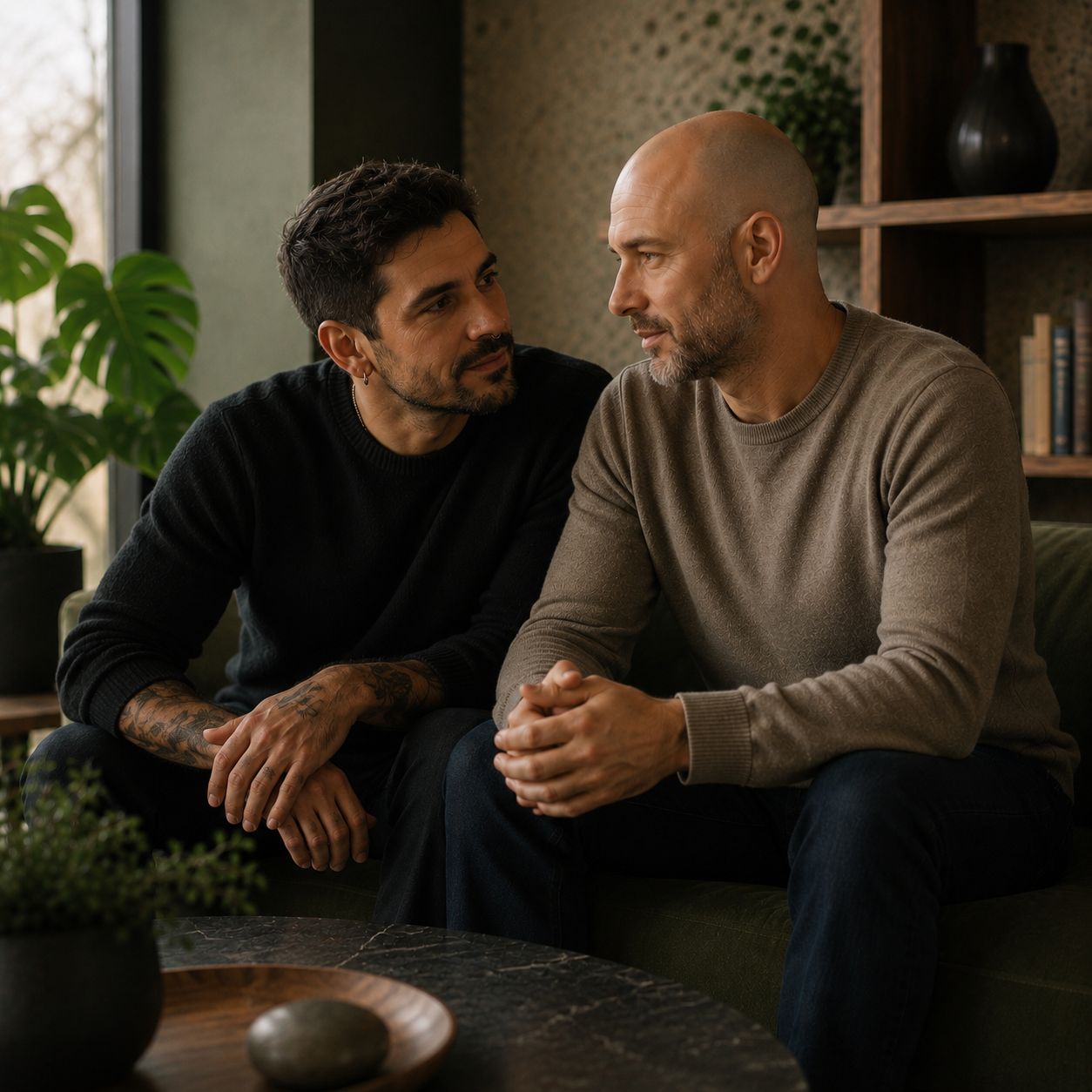 Pareja de hombres en terapia mostrando cercanía, escucha y reconstrucción del vínculo.